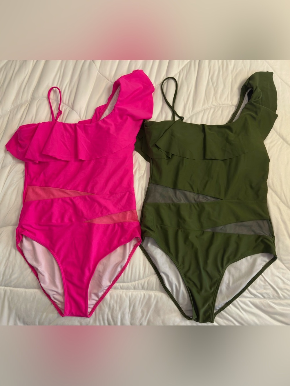 🆓📦Set of 2 Ruffled One Shoulder Mesh Cutout One Piece Swimsuits